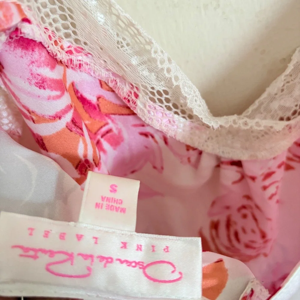 Oscar de la Renta Pink Floral Satin Lace Trim Nightgown Chemise